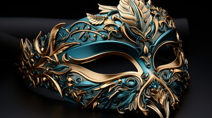 A blue and gold masquerade mask with gold leaves on black background. Generative ai