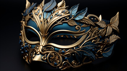 A blue and gold masquerade mask with gold leaves on black background. Generative ai - obrazy, fototapety, plakaty