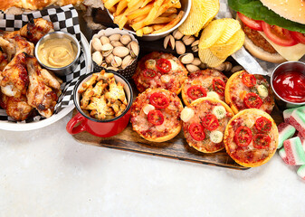 Fast food. American food on grey background.