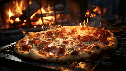 A pizza oven with flames, crispy and savory pizza. Generative Ai
