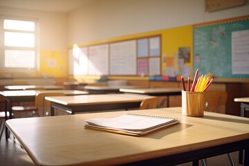 School class room without students, no kid or teacher with chairs and tables.