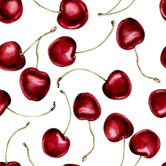 Watercolor illustration of a seamless pattern with a berry cherry with twigs on a light background. Endless repeating print background. For fabric, textiles, clothing, prints, wallpaper, posters