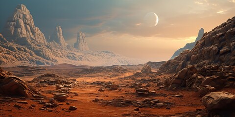AI Generated. AI Generative. Mars planet galaxy surface landscape desert mountain outdoor landscape. Future adventure travel place