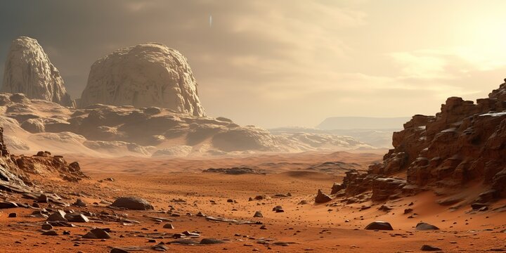 AI Generated. AI Generative. Mars planet galaxy surface landscape desert mountain outdoor landscape. Future adventure travel place