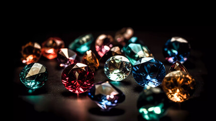 isolated colored diamonds with light reflections, on a black background. Generative AI technology.