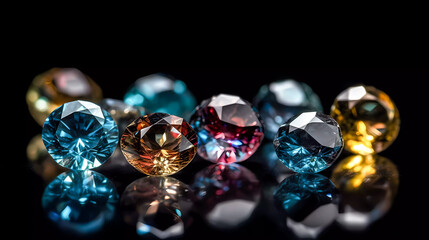 isolated colored diamonds with light reflections, on a black background. Generative AI technology.