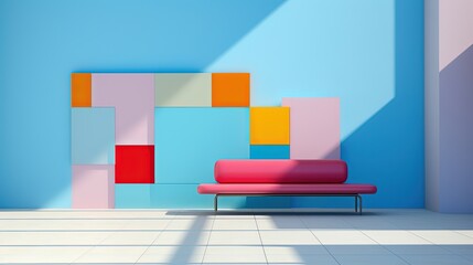pink sofa in colorful wall living room, idea for minimal interior backdrop, cheerful bright color, mockup idea, Generative Ai