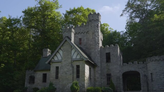 stately stone castle against a wooded backdrop with blue skies
