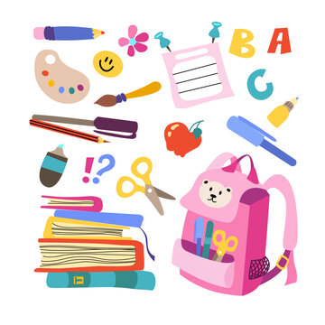Set of study school supplies. Vector elements backpack, pencils, brushes, paints, books. Childrens cute stationery subjects. Back to school.