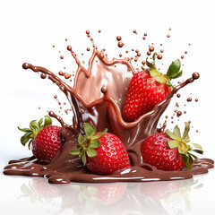 chocolate splash with strawberries isolated on white. Made with generative ai