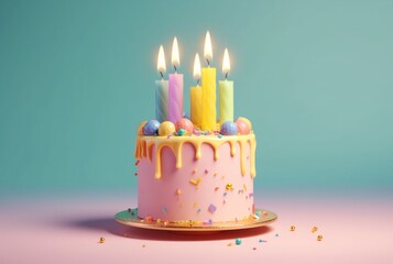 Colorful birthday cake on pastel background. generative ai