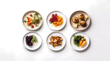isolated food in plates. top down view, white background. Generative AI technology.