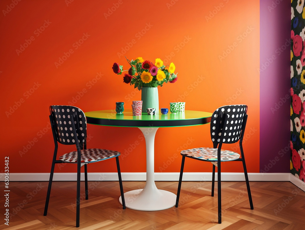 Wall mural colorful dinner table with red empty wall