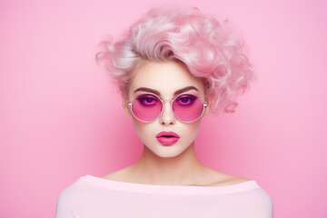 glamorous girl with pink hair in glasses with pink lips on a pink background. banner for beauty services