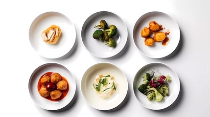 isolated food in plates. top down view, white background. Generative AI technology.