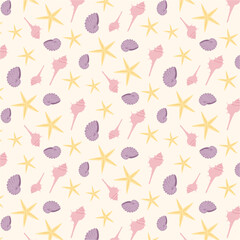 seamless pattern with sea shells, vector cartoon flat style pattern with shells, cute shell pattern for girls