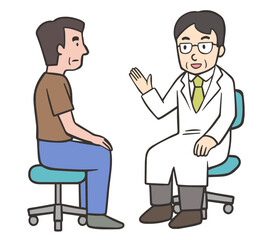 中年男性患者に説明をするメガネをかけた医師