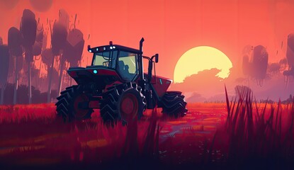 Fototapeta premium Tractor with a raised plow in an agricultural field against the backdrop of a sunset