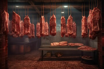 Raw butchered carcasses of cows, pigs and lambs hanging on hooks in cold storage of meat processing factory