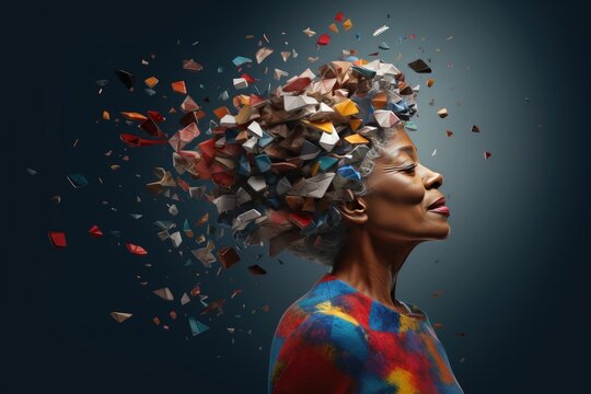 Black woman patient with alzheimers disease, exploding head, memory loss concept