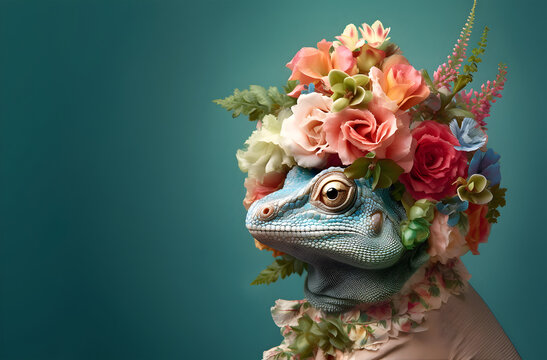 Animal Nature Concept. Chameleon reptile wearing a crown of floral fresh pastel spring wreath flowers, commercial, editorial advertisement, surreal surrealism. copy space