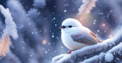 Obraz premium Little cute fluffy white bird in hoarfrost on a branch under the snow in the Christmas park. Bird as a symbol of Christmas and New Year. AI generated.