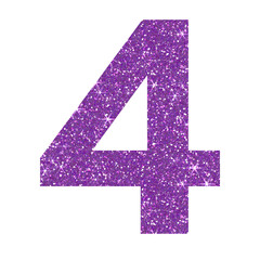 Purple glitter number four in transparent background.Number 4 icon, Design for decorating, background, wallpaper, illustration.