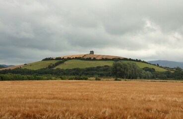 Landscape at Burt, County Donegal, Ireland featuring Burt Castle on hill top with barley fields in...