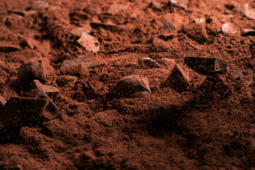 Pieces of chocolate with cocoa flying in the air. Frozen motion of exploding chunks of chocolate and cocoa.