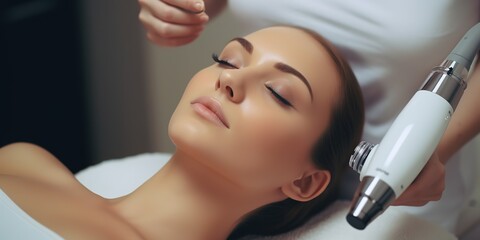 Beautician makes a young beautiful girl a vacuum procedure for facial rejuvenation.