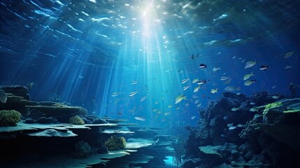 an ocean view with stars, in the style of hyperrealistic marine life, backlight, panorama, intricate underwater worlds, landscape photography, gray and blue, low-angle