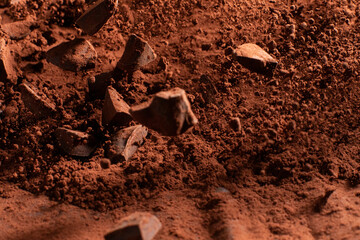 Pieces of chocolate with cocoa flying in the air. Frozen motion of exploding chunks of chocolate...