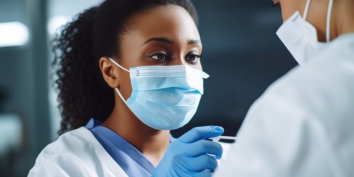 A Young African American Woman Gets Her Flu Shot During A Seasonal Vaccination Campaign.