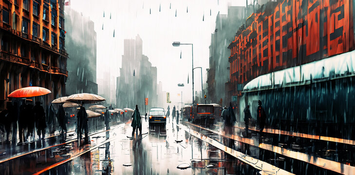 illustrazione con ampia e affollata via cittadina in una giornata autunnale di pioggia e vento