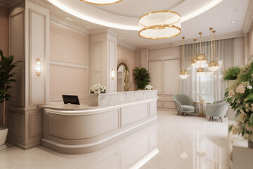 Office lobby with beige reception desk and computer. Natural light colors. Workplace, hotel concept