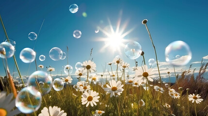 Chamomile flowers with soap bubbles on sunny meadow. Nature background. White daisies and soap bubbles on a green meadow. Generative AI technology.