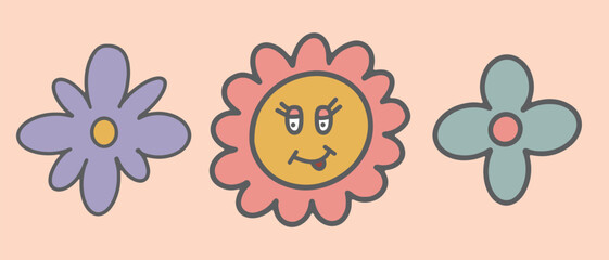 Groovy flowers vector set. Hand drawn cute floral elements in trendy style. Positive nostalgic hippie design on muted pink background. Retro 70s vibes graphic