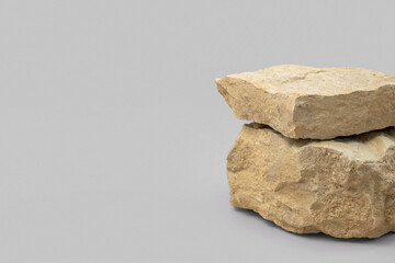 Stone podium for show cosmetics product presentation. Abstract minimal backdrop. Two rock form. Gray Nude Studio Background. Scene. Showcase display case. 3D Front View. Trendy neutral color. Space