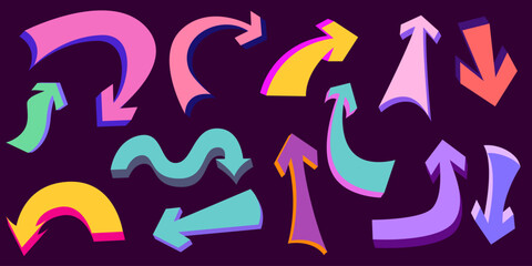 Arrow playful colorful set. Quirky various arrow for kids and funny design. Vector illustration. Playful cool element. Trendy simple illustration.