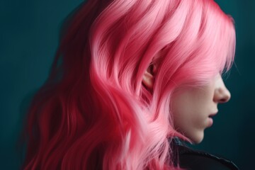 Young girl with pink long curly hair on a dark background.generative ai