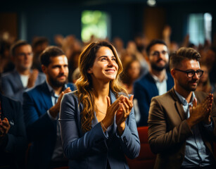 Audience applauding. Business seminar clapping people. Generative AI.