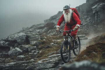 Santa Claus on a bike in the mountains. active pension and sports. merry christmas and new year. 