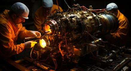 Technician repair workshop. Engineer workers making engine. Generative AI.