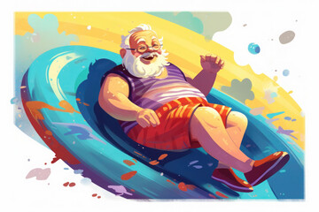 Obraz premium an old man is rolling down a water slide. the girl swims in the pool and laughs. active old,and pensioner. 