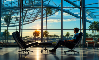 Interior of departure building. Modern panoramic airport sunset. Generative AI.