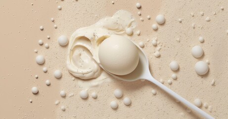 Cosmetic background with ball cream on a small plastic spoon.