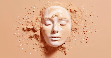 Woman face skincare and mud mask on beige background.