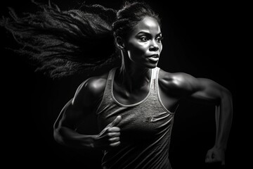 Strong athletic woman running on black background with loose hair.