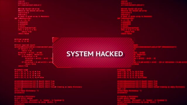 4K Red warning alert System Virus hack security breach computer hacking warning message hacked. Hacker attack. Intrusion, cybersecurity, information protection, data breach concept. Hacked scam