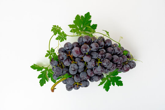 Purple grape Kyoho Grape with leaves on white background